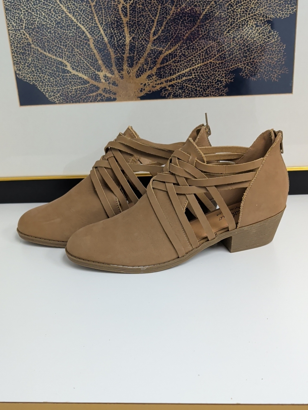 Coldwater Creek Tan Strappy Low Block Heel Ankle Booties